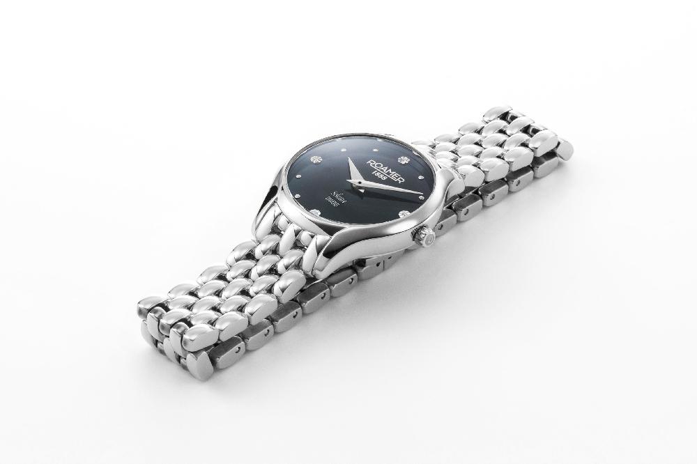 Roamer Soleure 30mm Quartz Two-Hand Black Mop Dial Silver Bracelet Sapphire Glass Stainless Steel Swiss Watch