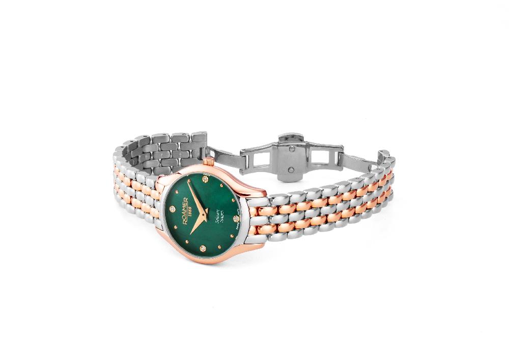 Roamer Soleure 30mm Quartz Two-Hand Green Mop Dial Two-Tone Bracelet Sapphire Glass Stainless Steel Swiss Watch