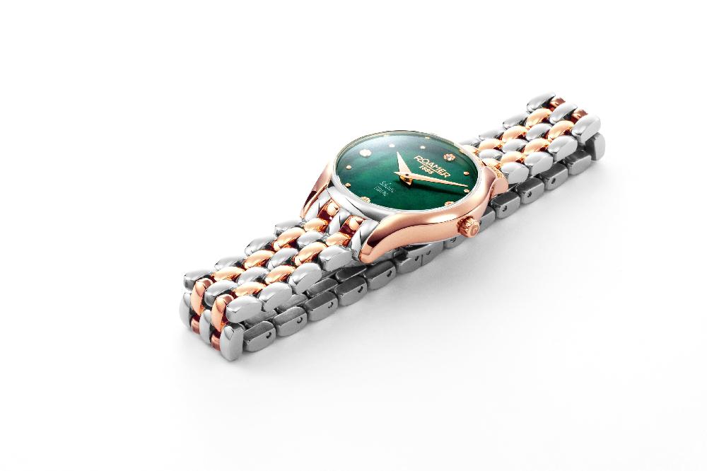 Roamer Soleure 30mm Quartz Two-Hand Green Mop Dial Two-Tone Bracelet Sapphire Glass Stainless Steel Swiss Watch