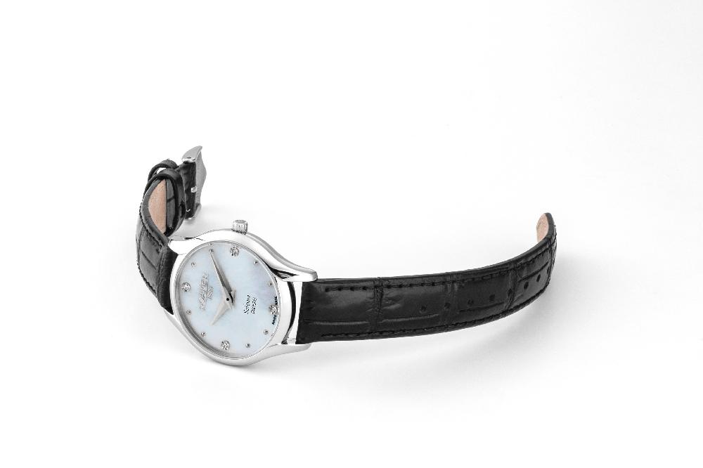 Roamer Soleure 30mm Quartz Two-Hand White Mop Dial Black Leather Bracelet Sapphire Glass Stainless Steel Swiss Watch