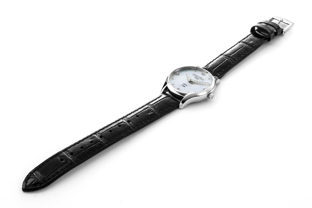 Roamer Soleure 30mm Quartz Two-Hand White Mop Dial Black Leather Bracelet Sapphire Glass Stainless Steel Swiss Watch