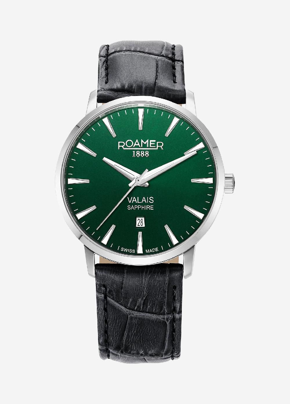 roamer Valais Gents Interchangeable Box Set 42mm Quartz Three-Hand Date Green Leather Strap Sapphire glass Stainless Steel swiss watch