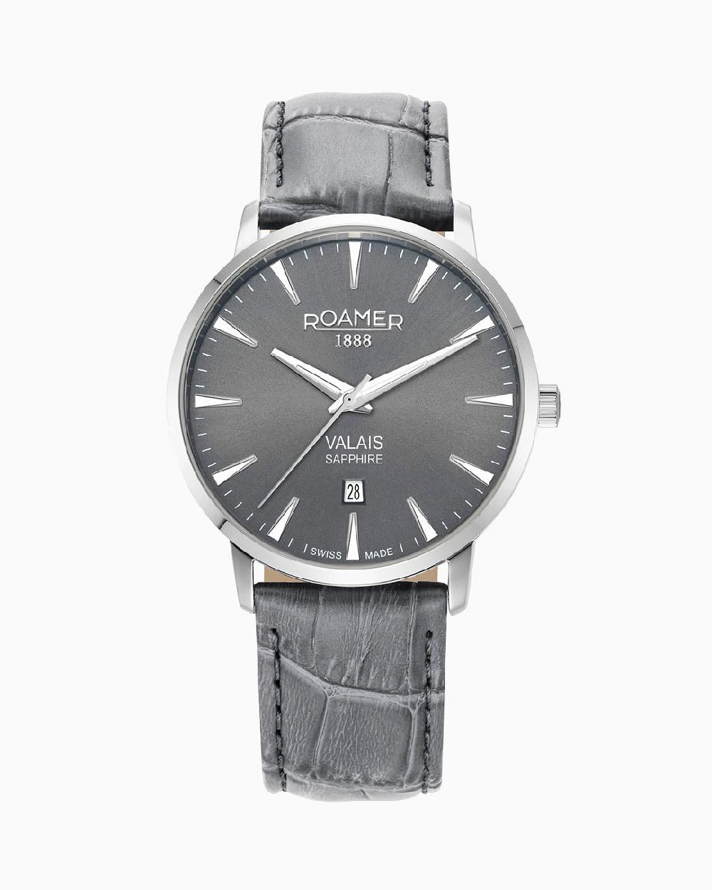 roamer Valais Gents Interchangeable Box Set 42mm Quartz Three-Hand Date Black Leather Strap Sapphire glass Stainless Steel swiss watch