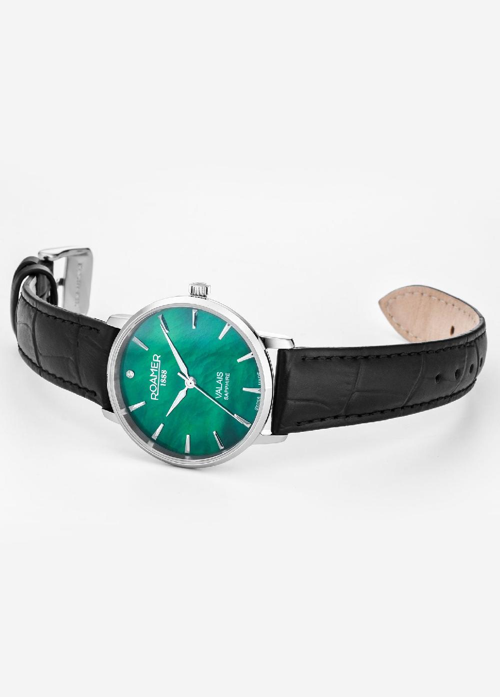 Roamer Valais Ladies Interchangeable Box Set 32mm Quartz Three-Hand Date Green Mop Dial Black Leather Strap Sapphire Glass Stainless Steel Swiss Watch