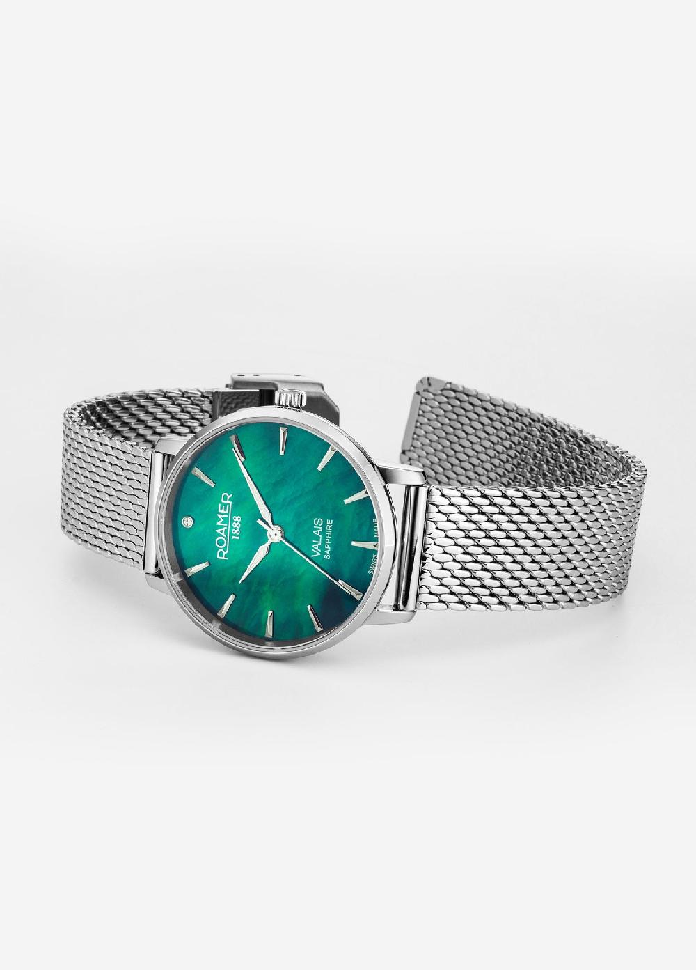 Roamer Valais Ladies Interchangeable Box Set 32mm Quartz Three-Hand Date Green Mop Dial Black Leather Strap Sapphire Glass Stainless Steel Swiss Watch