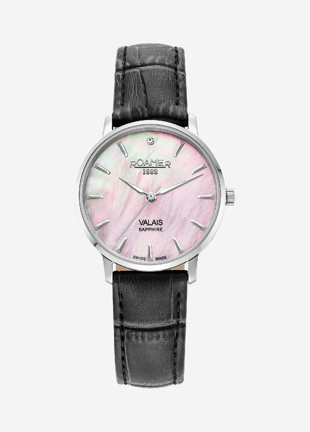 roamer Valais Ladies Interchangeable Box Set 32mm Quartz Three-Hand Date Rose Mop Dial Black Leather Strap Sapphire glass Stainless Steel swiss watch