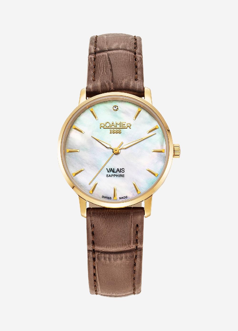roamer Valais Ladies Interchangeable Box Set 32mm Quartz Three-Hand Date White Mop Dial Brown Leather Strap Sapphire glass Stainless Steel swiss watch