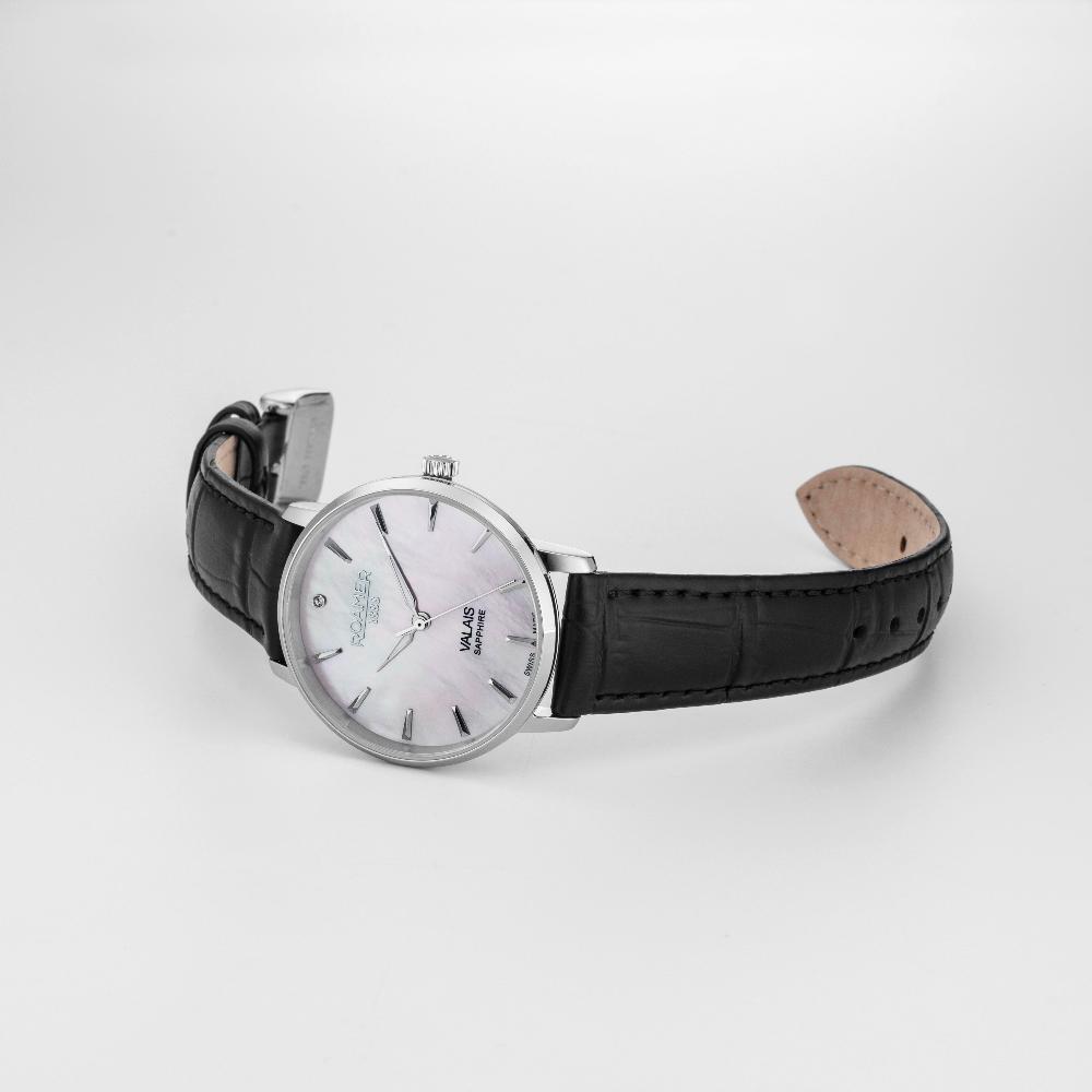 Roamer Valais Ladies Interchangeable Box Set 32mm Quartz Three-Hand Date Black Leather Strap Sapphire Glass Stainless Steel Swiss Watch