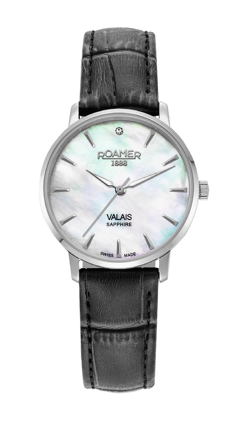 roamer Valais Ladies Interchangeable Box Set 32mm Quartz Three-Hand Date Black Leather Strap Sapphire glass Stainless Steel swiss watch