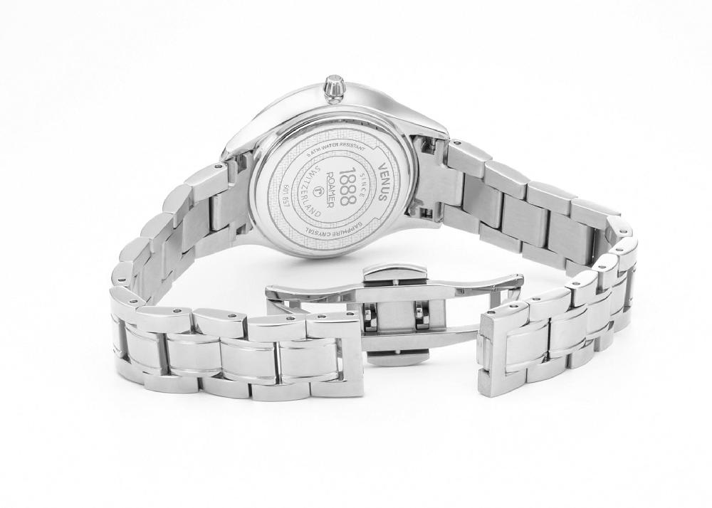 Roamer Venus Diamond 30mm Quartz Two-Hand Black Mop W/Pnp Indexes 1Pc 1.2Mm Dia Dial Silver Bracelet Sapphire Glass Stainless Steel Swiss Watch