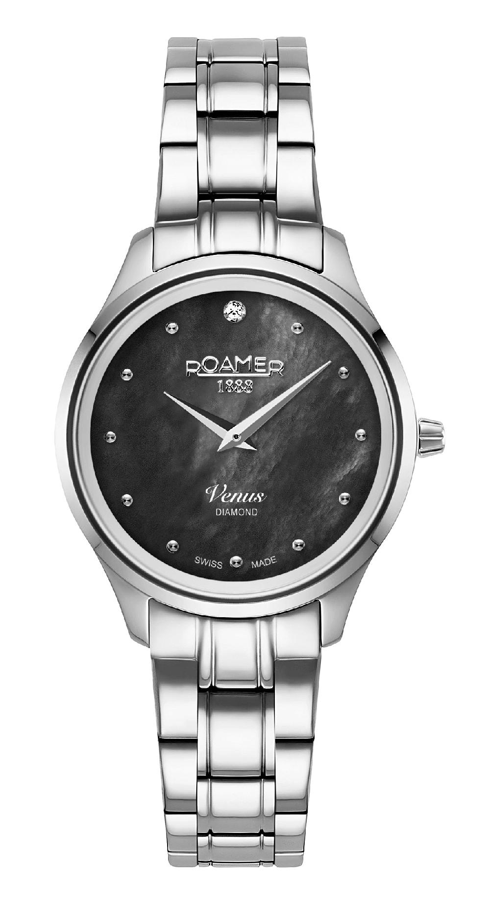 roamer Venus Diamond 30mm Quartz Two-Hand Black Mop W/Pnp Indexes 1Pc 1.2Mm Dia Dial Silver Bracelet Sapphire glass Stainless Steel swiss watch