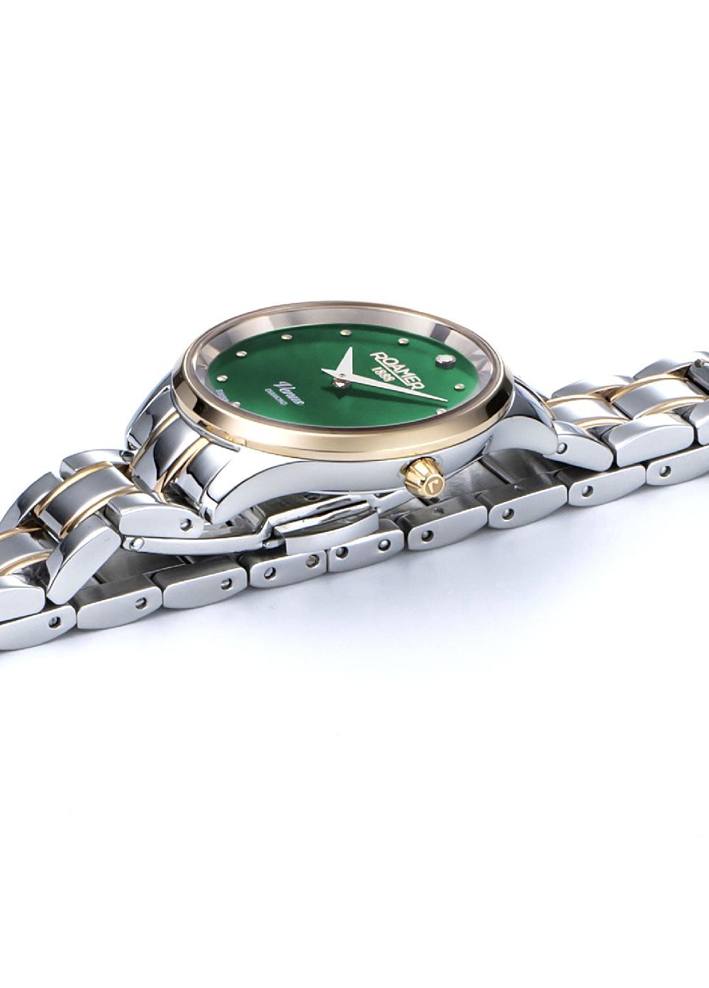 Roamer Venus Diamond 30mm Quartz Two-Hand Green Mop W/Gp Indexes 1Pc 1.2Mm Dia Dial Two-Tone Bracelet Sapphire Glass Stainless Steel Swiss Watch