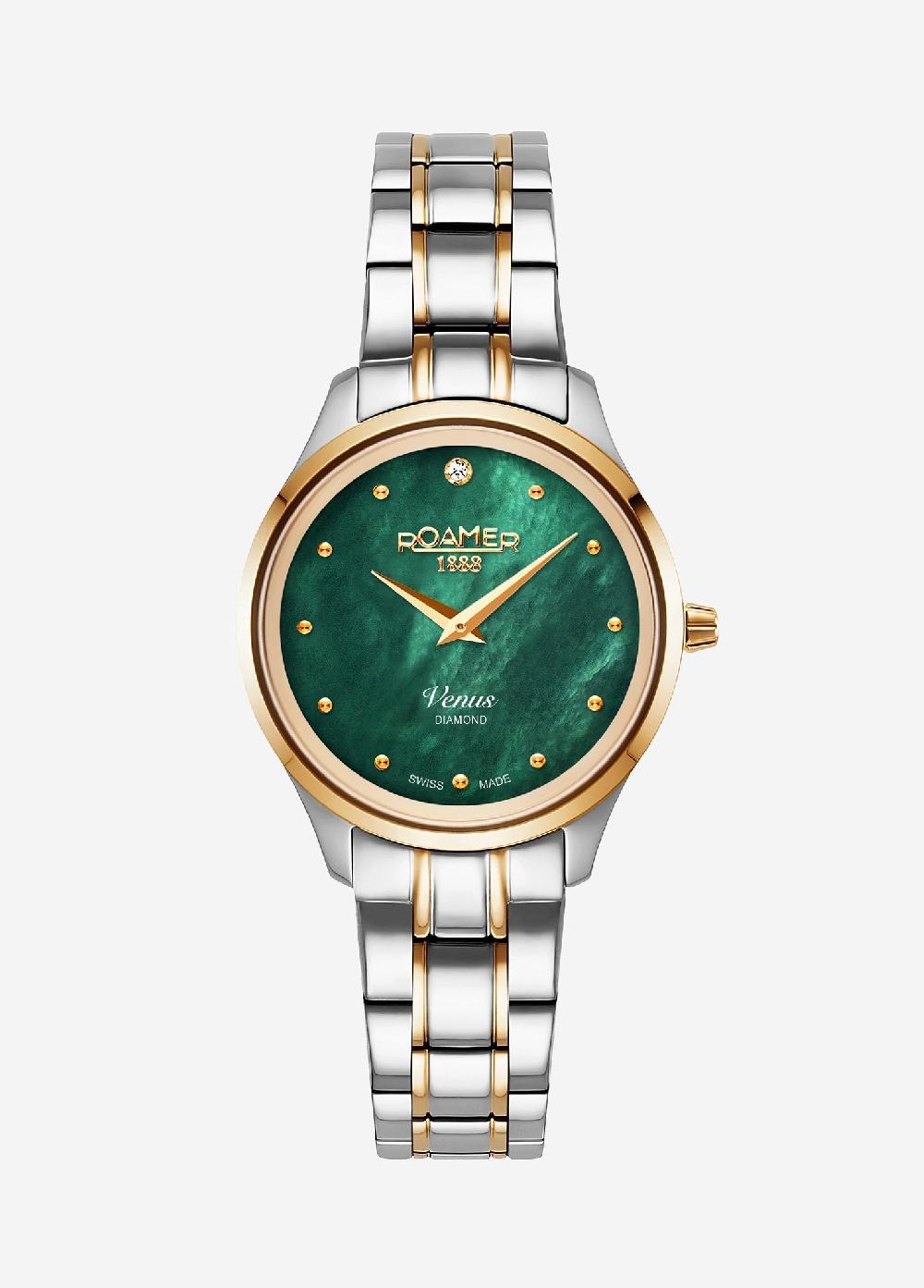 roamer Venus Diamond 30mm Quartz Two-Hand Green Mop W/Gp Indexes 1Pc 1.2Mm Dia Dial Two-Tone Bracelet Sapphire glass Stainless Steel swiss watch