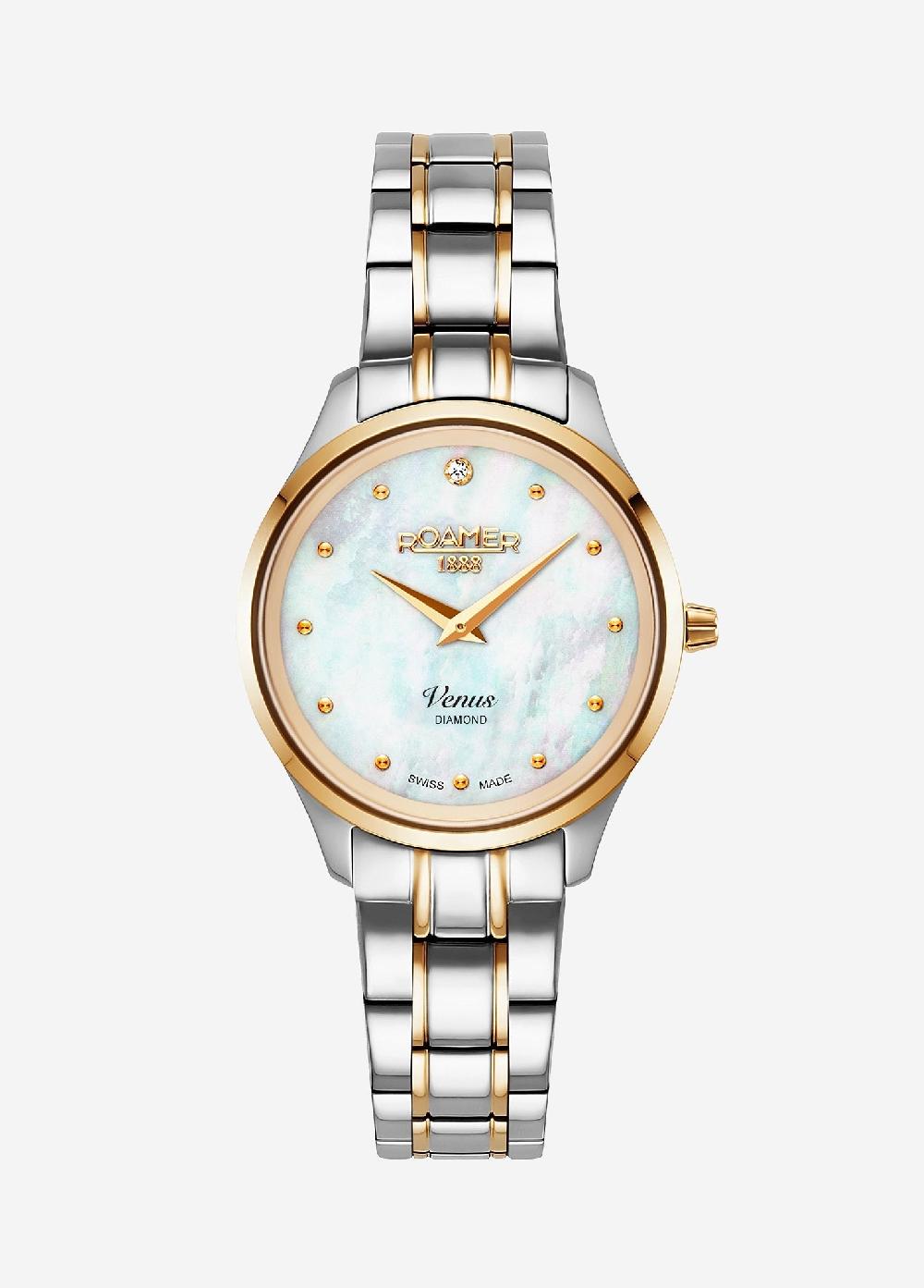 roamer Venus Diamond 30mm Quartz Two-Hand White Mop W/Gp Indexes 1Pc 1.2Mm Dia Dial Two-Tone Bracelet Sapphire glass Stainless Steel swiss watch