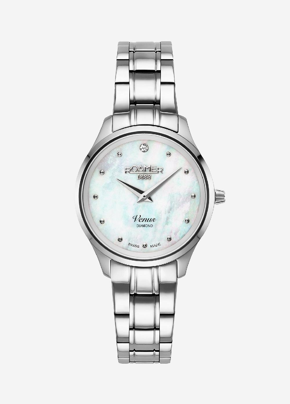 roamer Venus Diamond 30mm Quartz Two-Hand White Mop W/Pnp Indexes 1Pc 1.2Mm Dia Dial Silver Bracelet Sapphire glass Stainless Steel swiss watch