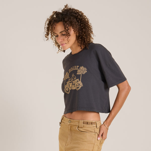 Roark Moto Skele Boxy Crop Premium Tee In Faded Black