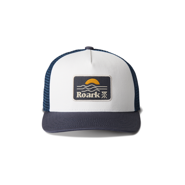 roark Station Trucker Snapback Hat in White/Navy
