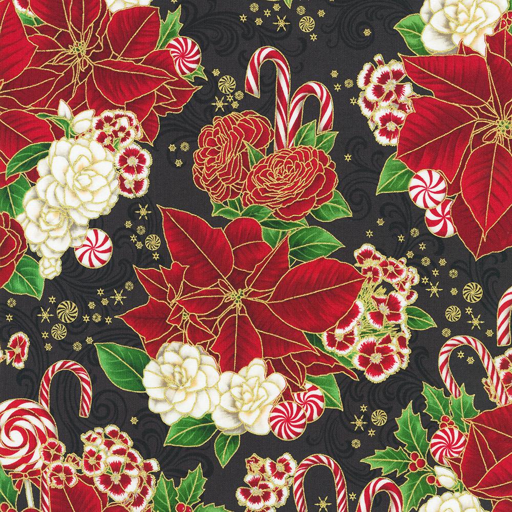 robert kaufman fabrics SRKM-22945-2 BLACK from Holiday Flourish-Peppermint Twist