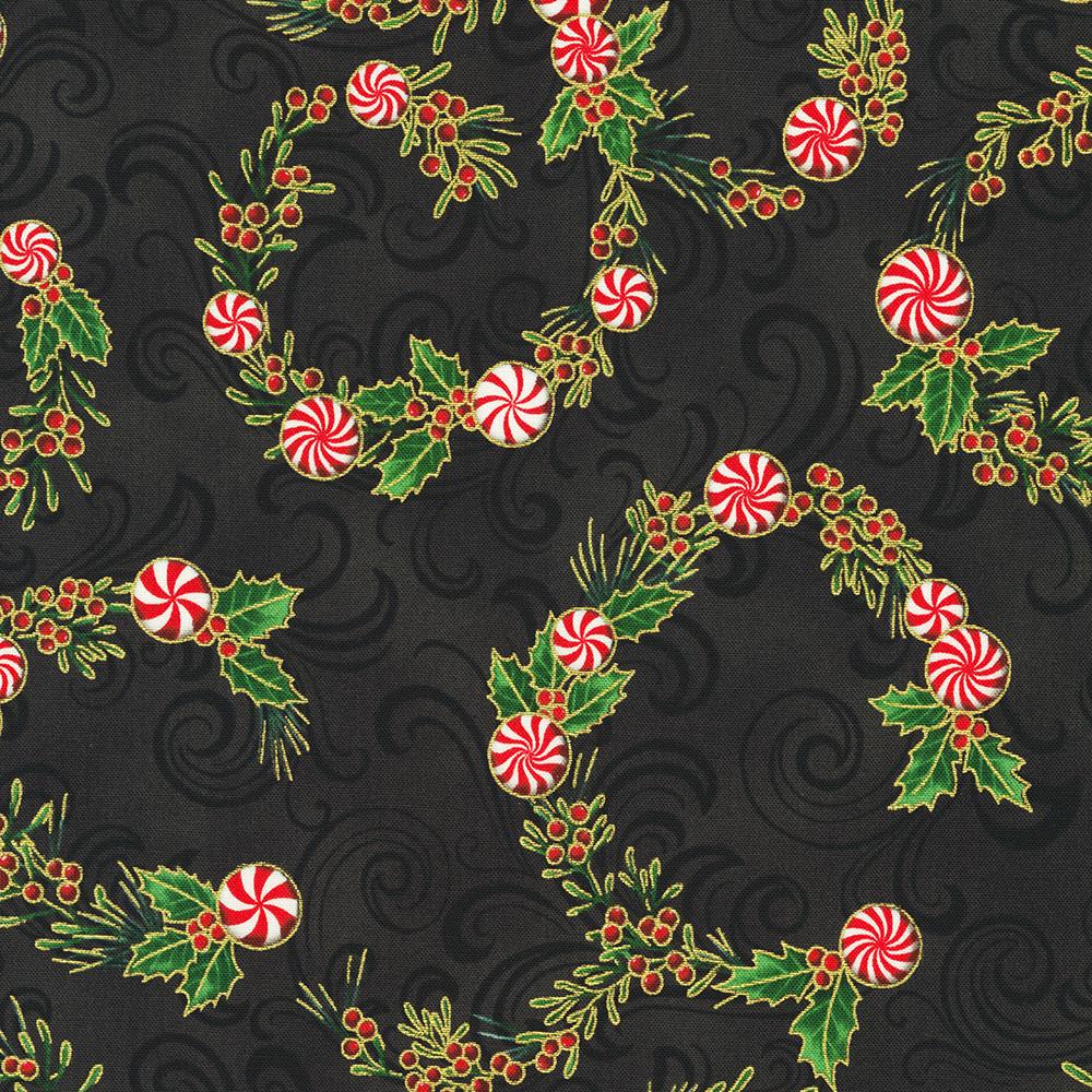 Robert Kaufman Fabrics SRKM-22947-2 BLACK From Holiday Flourish-Peppermint Twist