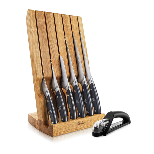 robert welch Professional Angle Oak Knife Block Set with Knife Sharpener