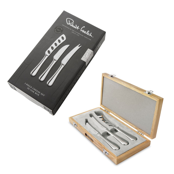 Robert Welch Radford Bright Cheese Knife Set With Oak Pebble Chopping Board 32cm 3 Piece Set