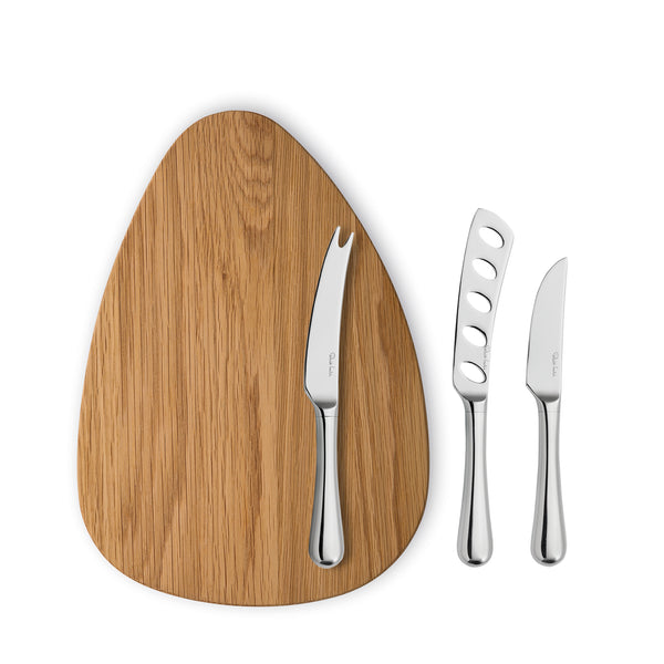 robert welch Radford Bright Cheese Knife Set with Oak Pebble Chopping Board 32cm 3 Piece Set