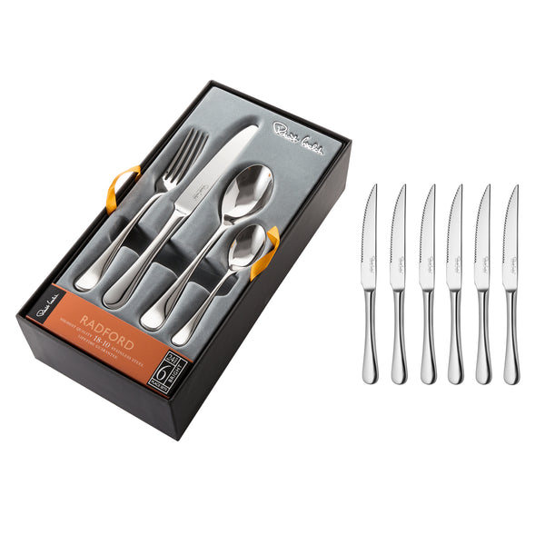 Robert Welch Radford Bright Cutlery Set 30 Piece For 6 People - 6 Free Steak Knives