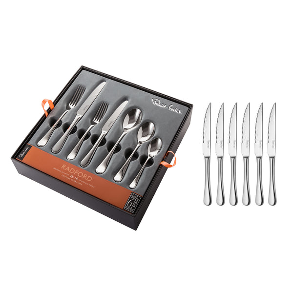 Robert Welch Radford Bright Cutlery Set 48 Piece For 6 People - 6 Free Steak Knives