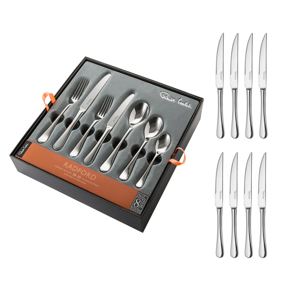 Robert Welch Radford Bright Cutlery Set 64 Piece For 8 People - 8 Free Steak Knives