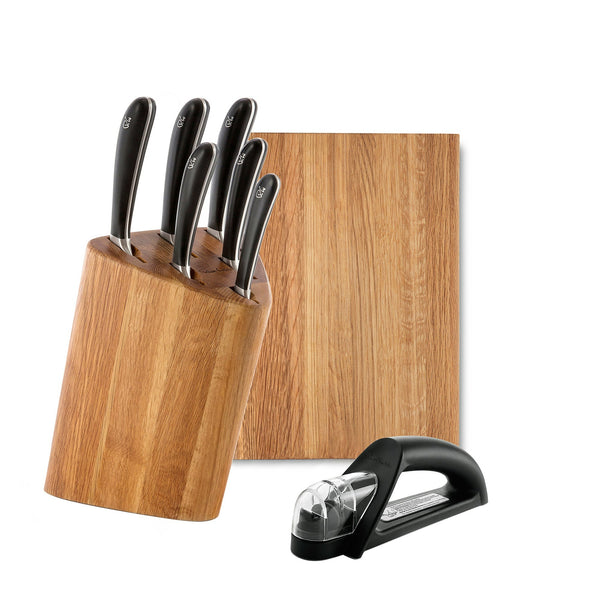 robert welch Signature Prism Oak Knife Block Set with Classic Chopping Board 38cm and Sharpener