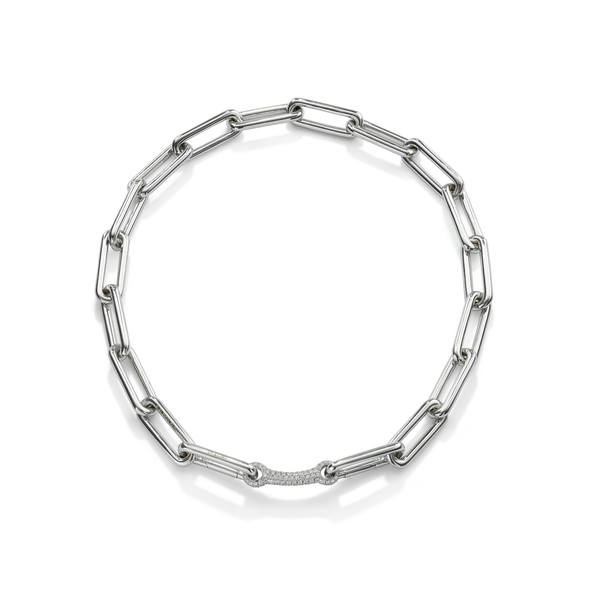 robinson pelham Long White Gold Identity Necklace With Diamond Bar