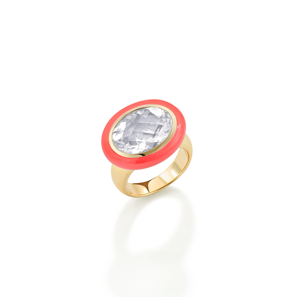 robinson pelham Rock Crystal Coral Enamel Arena Ring