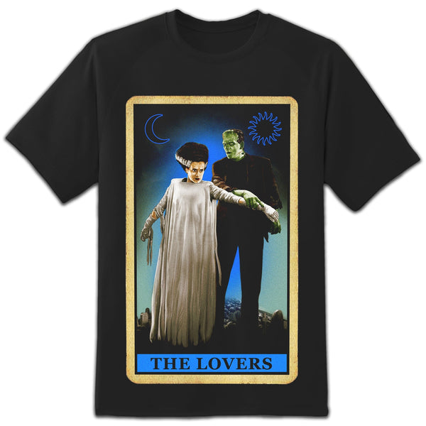 rock rebel Bride & Frankenstein Lovers Tarot Card Tee