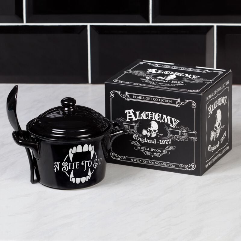 Rock Revival "A Bite To Eat Bowl - Cauldron With Spoon" Bowl Black-white By Alchemy England