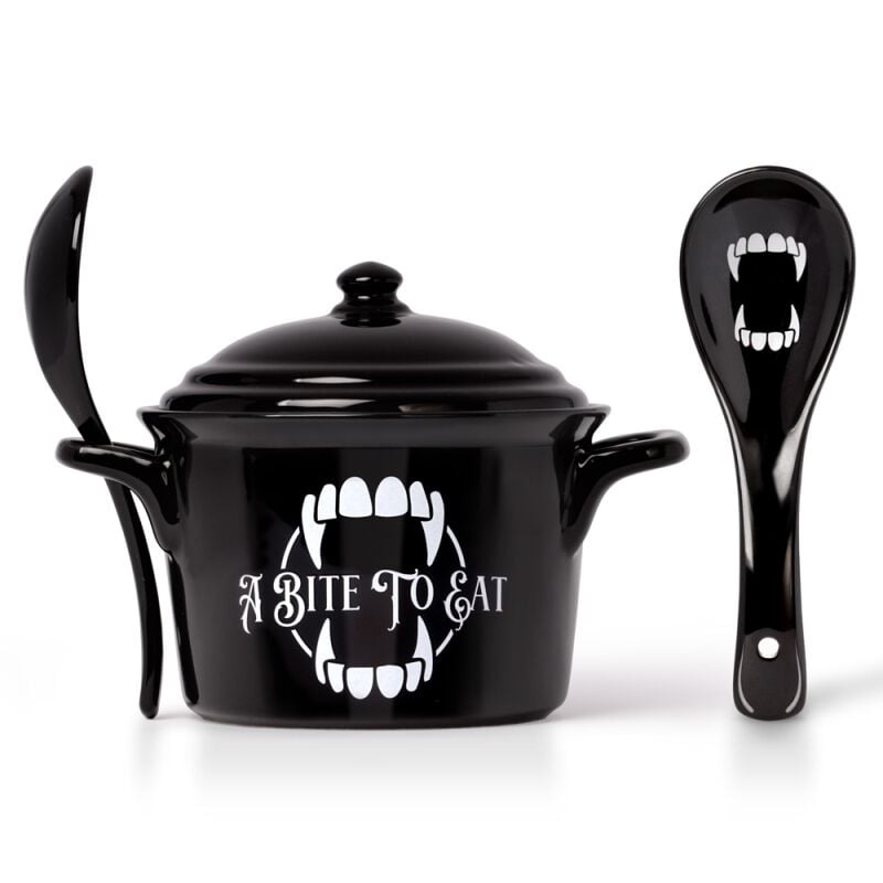 rock revival "A Bite To Eat Bowl - Cauldron with Spoon" Bowl black-white by Alchemy England