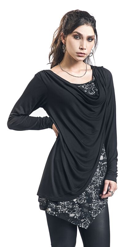 rock revival "Black Long-Sleeve Shirt with Waterfall Neckline and Print" Long-sleeve Shirt black by Black Premium by EMP
