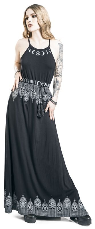 Rock Revival "Black Maxi Dress With Prints And Narrow Tie-Belt" Maxi Dress Black By Gothicana By EMP