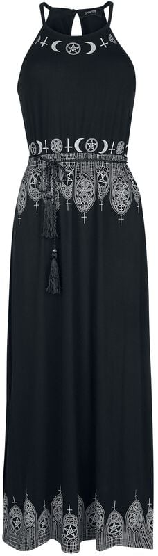 rock revival "Black Maxi Dress with Prints and Narrow Tie-Belt" Maxi Dress black by Gothicana by EMP