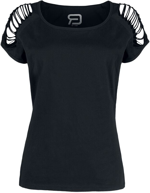 rock revival "Black T-shirt with Cut-outs on the Sleeves" T-Shirt black by RED by EMP