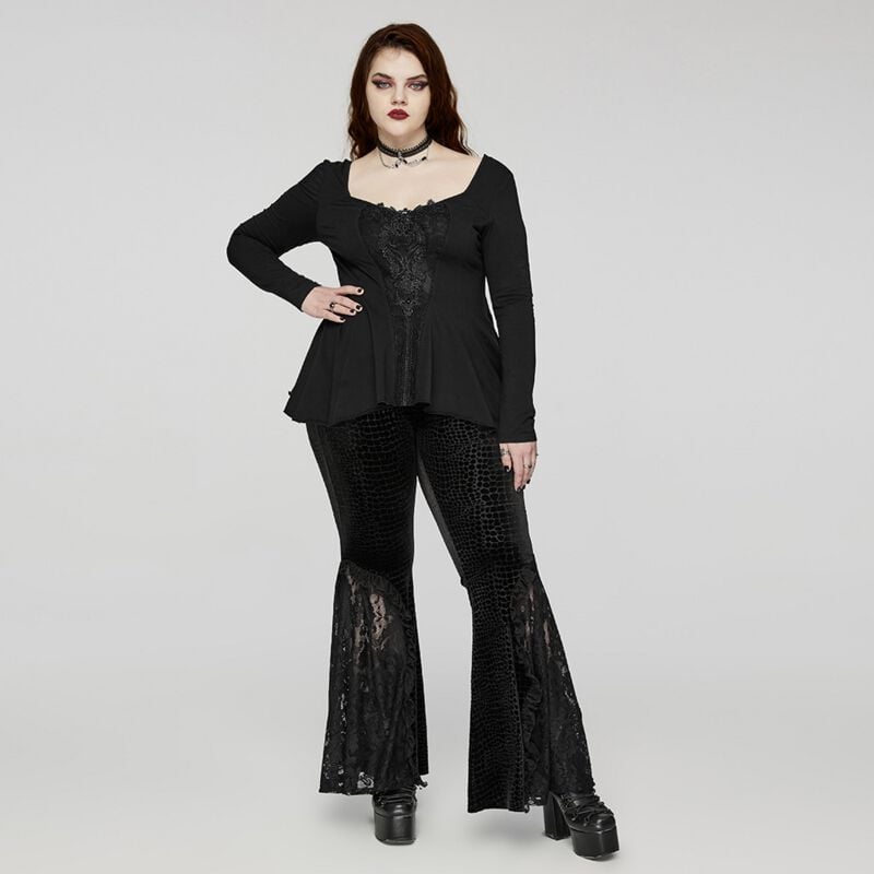 rock revival "Crocodile textured velvet embossed flared Trousers" Leggings black by Punk Rave