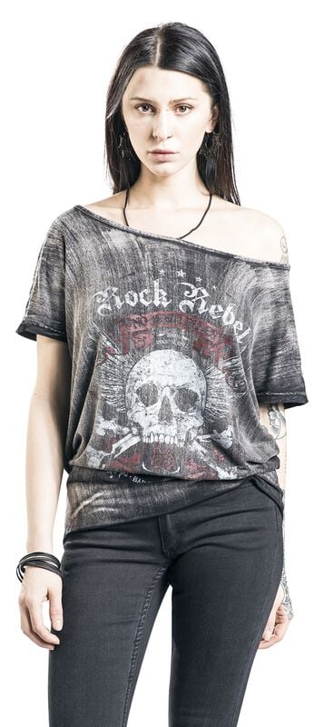 rock revival "Dark Grey T-shirt with Wide Neckline and Print" T-Shirt dark grey by Rock Rebel by EMP