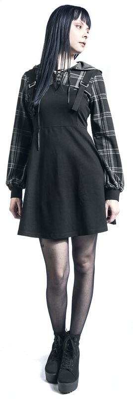 Rock Revival "Layered-effect Dress With Chequered Hoodie" Mini Dress Black By Rock Rebel By EMP