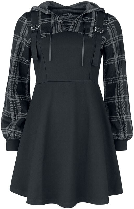 rock revival "Layered-effect dress with chequered hoodie" Mini Dress black by Rock Rebel by EMP