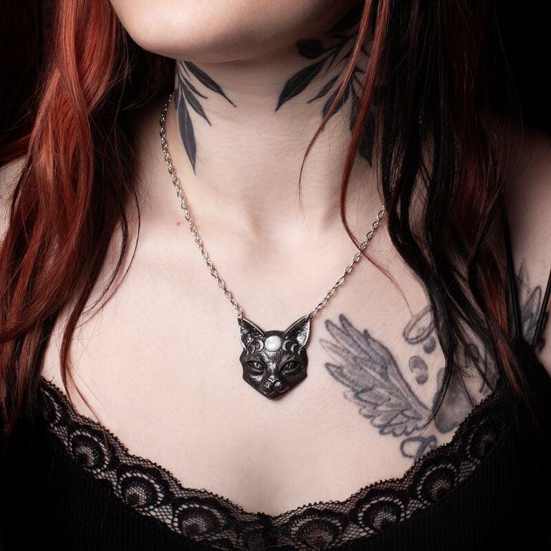 Rock Revival "Mystic Moon Cat" Necklace Black-silver By Alchemy Gothic