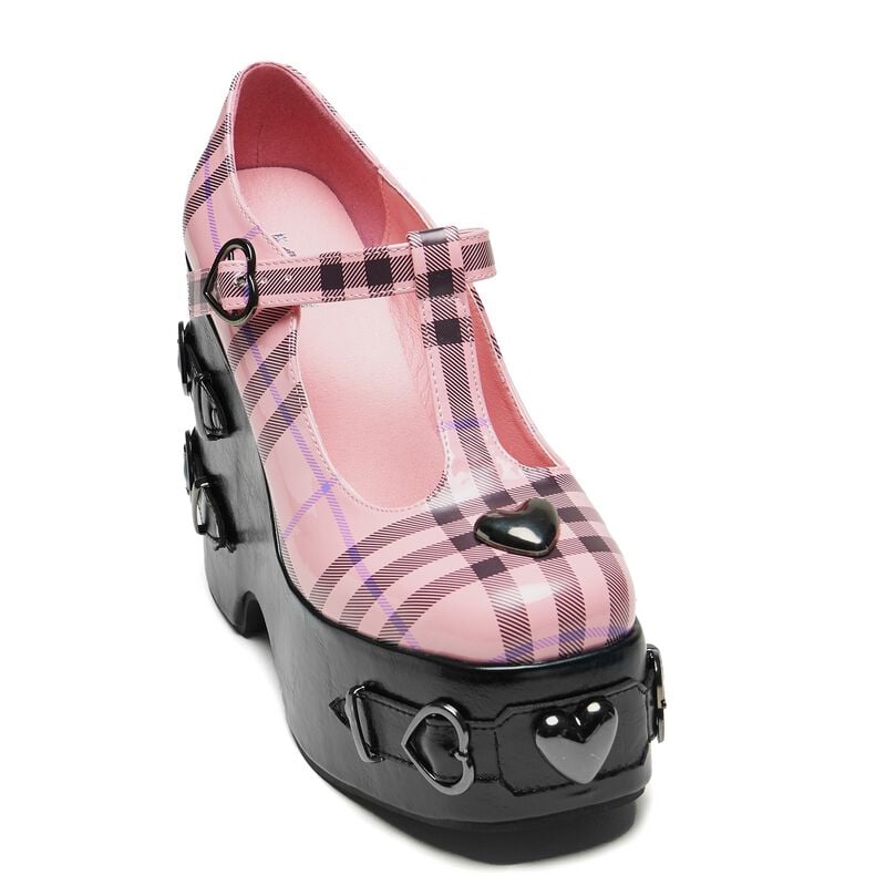 Rock Revival "Sweet Apathy Plaid Wedge Mary Janes" High Heel Black-pink By KOI