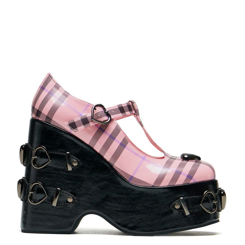 Rock Revival "Sweet Apathy Plaid Wedge Mary Janes" High Heel Black-pink By KOI