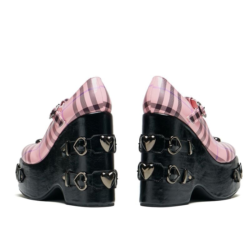 Rock Revival "Sweet Apathy Plaid Wedge Mary Janes" High Heel Black-pink By KOI
