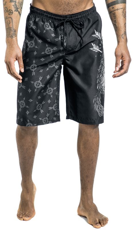 Rock Revival "Swim Shorts With Wolf Print" Swim Shorts Black By Black Premium By EMP