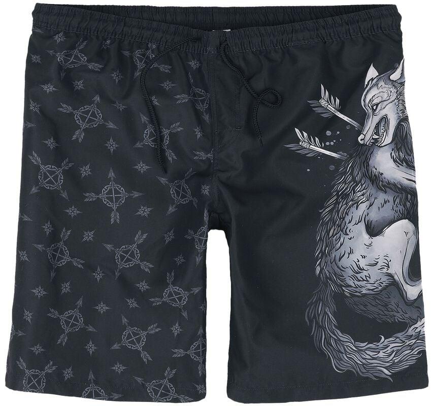 Rock Revival "Swim Shorts With Wolf Print" Swim Shorts Black By Black Premium By EMP
