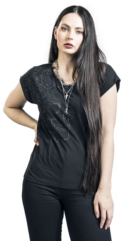 rock revival "T-shirt with skull print and lace" T-Shirt black by Black Premium by EMP